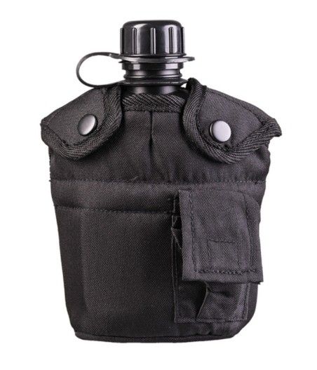 Gourde noire avec housse et quart aluminium vue complète